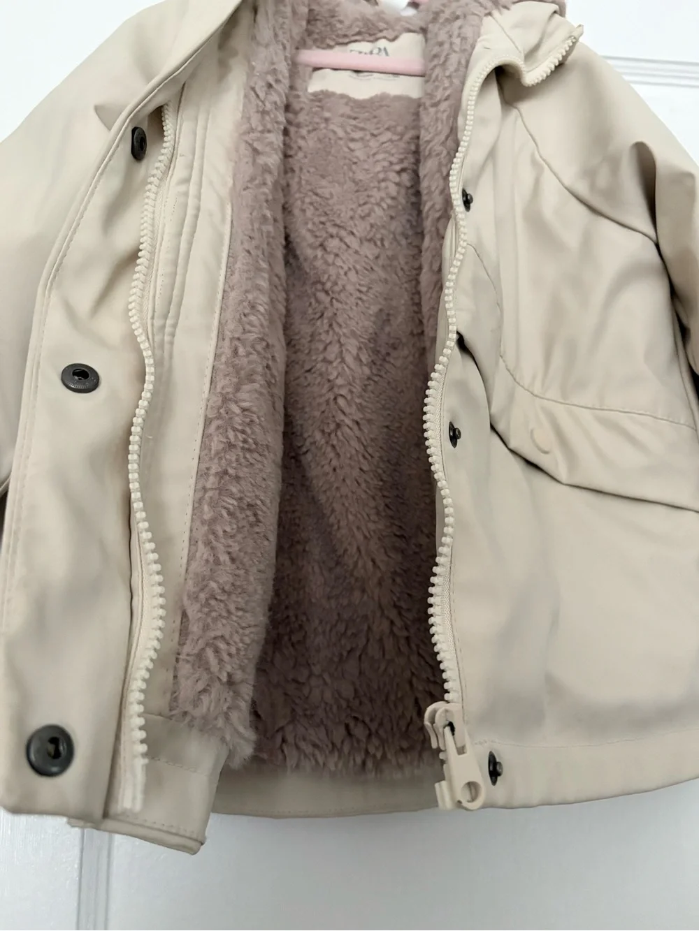 Zara Kids Beige Hooded Puffer Coat with Faux Sherpa Lining